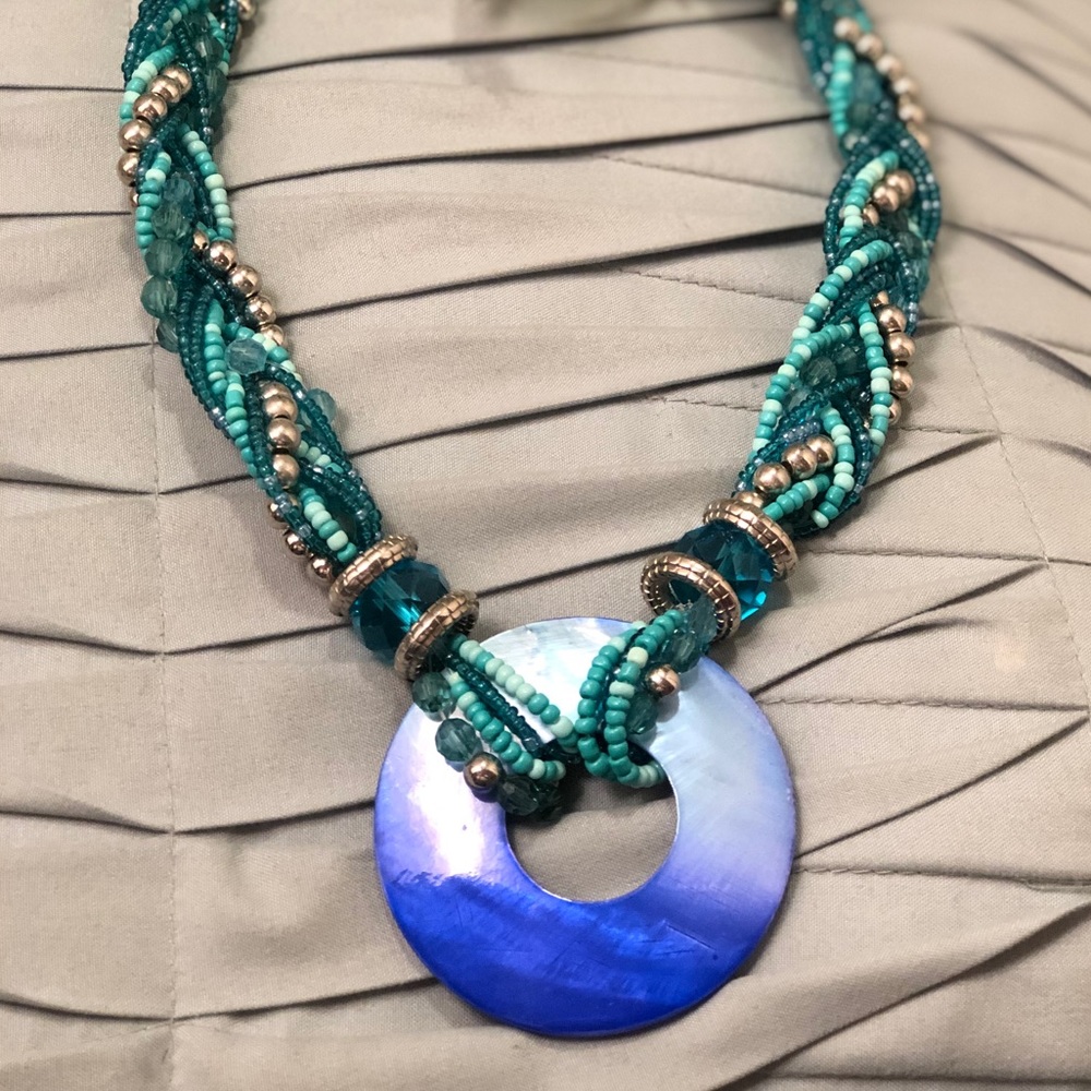 Statement Blue/Teal Shell Necklace - Picture 2 of 3